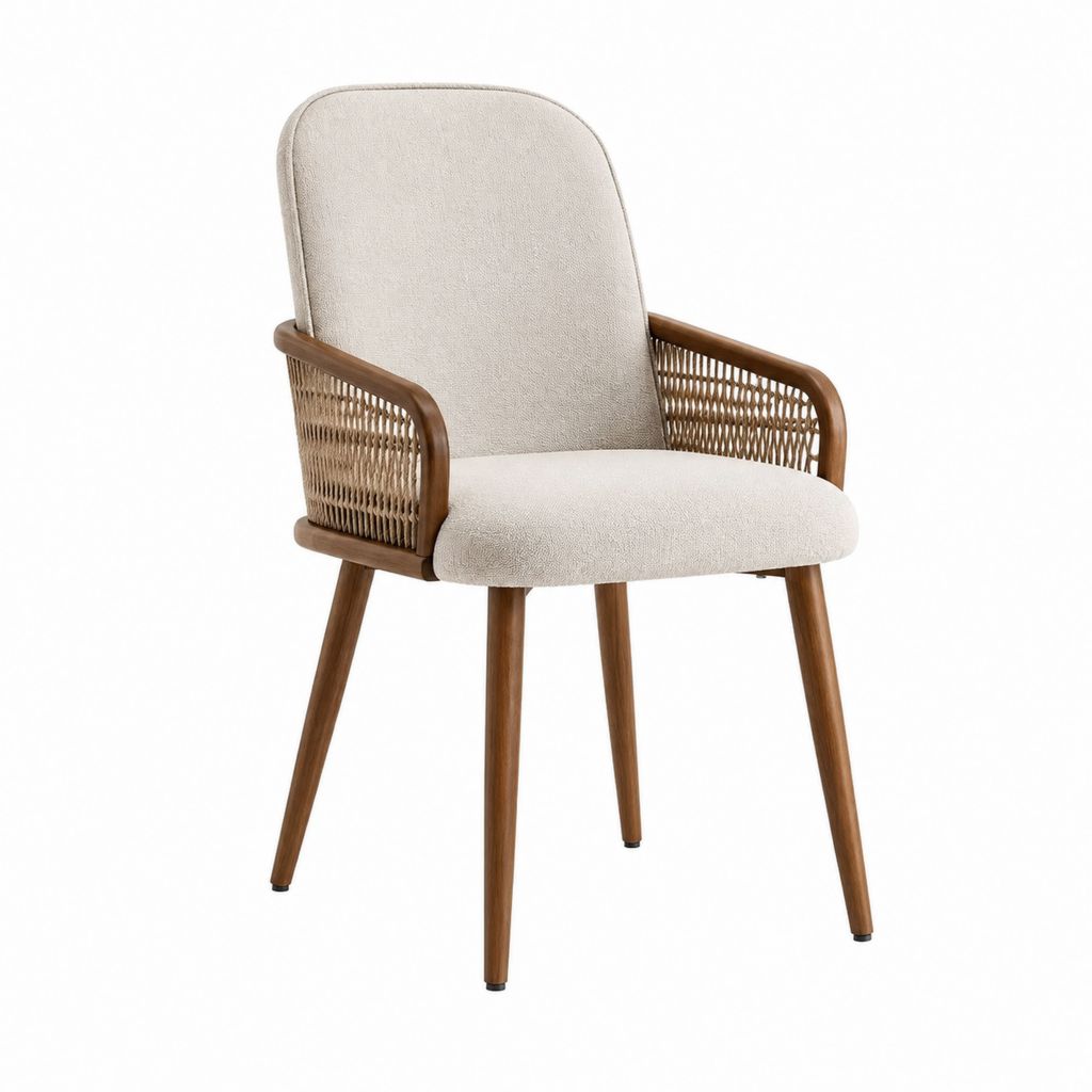 Esszimmerstuhl mit Armlehnen Beige Polyester Massivholz Rattan 60 x 59 x 84 cm