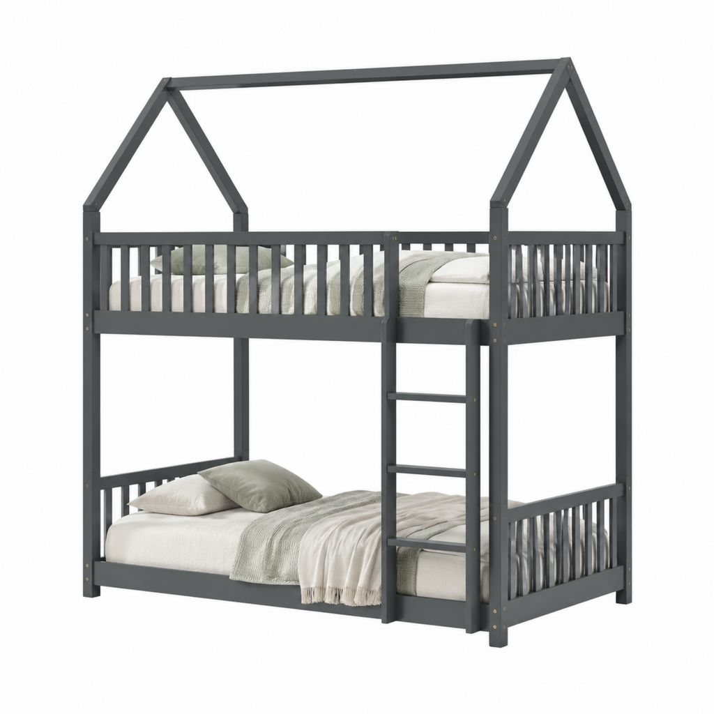 Hausbett Etagenbett Anthrazit aus massivem Kiefernholz mit Leiter 90 x 200 cm