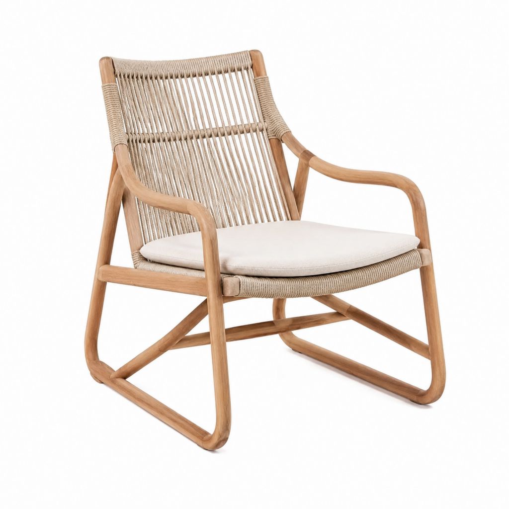 Esszimmerstuhl mit Armlehnen Natur Beige aus massivem Akazienholz PP-Kordel und Polyesterkissen in Kufenform 62 x 76 x 80 cm