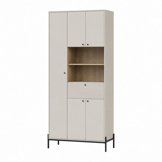 Badezimmer Hochschrank Weiß Eicheoptik Spanplatte Rechteckig 80 x 190 x 40 cm mit Türen Schublade und offenen Fächern