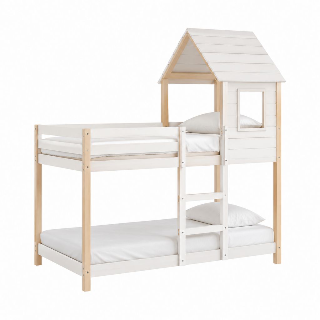 Kinder Etagenbett Hausbett Weiß Massivholz Kiefer 90 x 200 cm