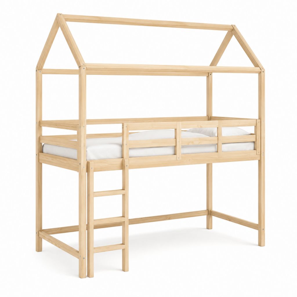 Kinder Hochbett Hausbett Natur Kiefer Massivholz 90 x 200 cm 208 x 98 x 195 cm