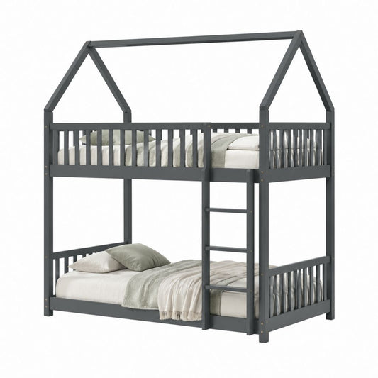 Hausbett Etagenbett Anthrazit aus massivem Kiefernholz mit Leiter 90 x 200 cm